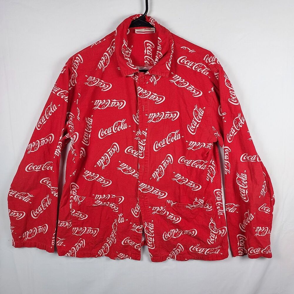 Coca-Cola Men’s Medium Red All-Over Logo Button-Up Shirt Vintage Promo